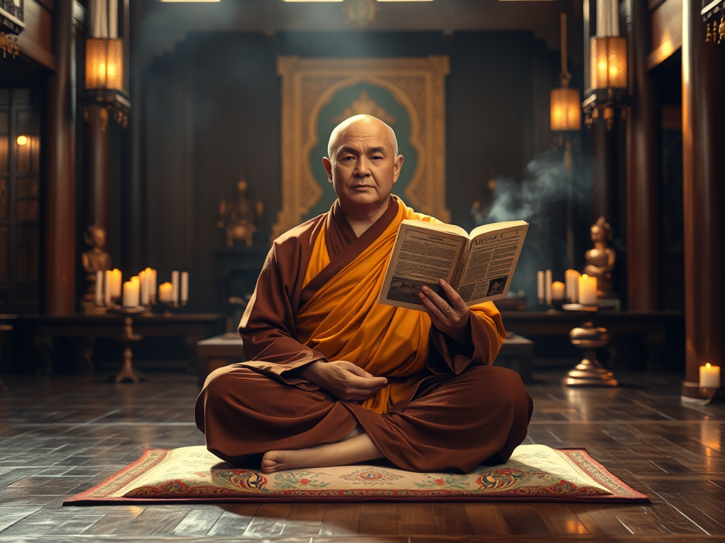 Tăng sĩ ngồi thiền trên đệm, tay cầm kinh sách cổ, ánh sáng vàng dịu từ nến và hương trong chùa cổ kính, không gian thanh tịnh trang nghiêm Tăng sĩ ngồi thiền trên đệm, tay cầm kinh sách cổ, ánh sáng vàng dịu từ nến và hương trong chùa cổ kính, không gian thanh tịnh trang nghiêm