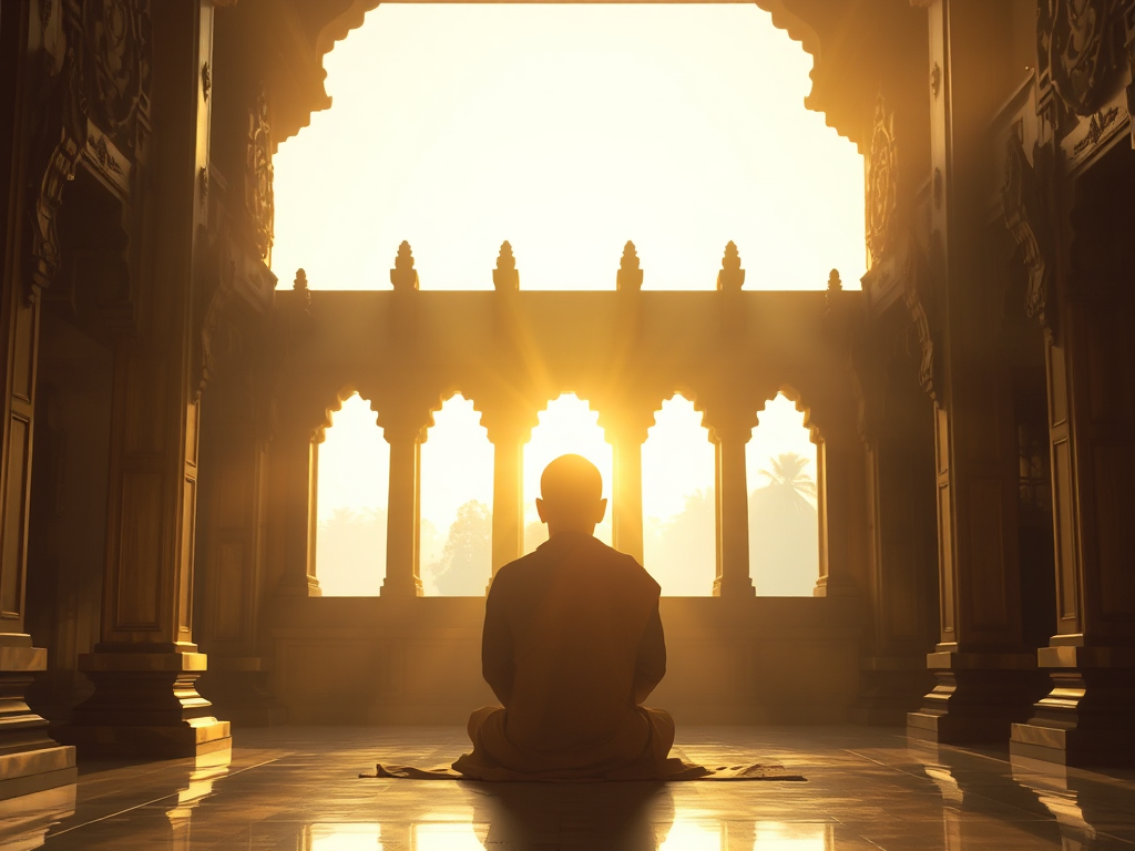 Tăng sĩ Phật giáo ngồi thiền trong chùa cổ kính vào lúc bình minh, ánh sáng tự nhiên nhẹ nhàng chiếu qua cửa sổ, không gian tâm linh thanh tịnh