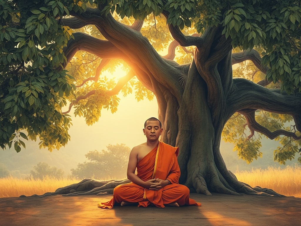 Tăng sĩ thiền định dưới gốc cây Bồ đề cổ thụ, ánh sáng vàng dịu nhẹ xuyên qua tán lá, phong cách tranh Thangka truyền thống với hoa văn tinh xảo