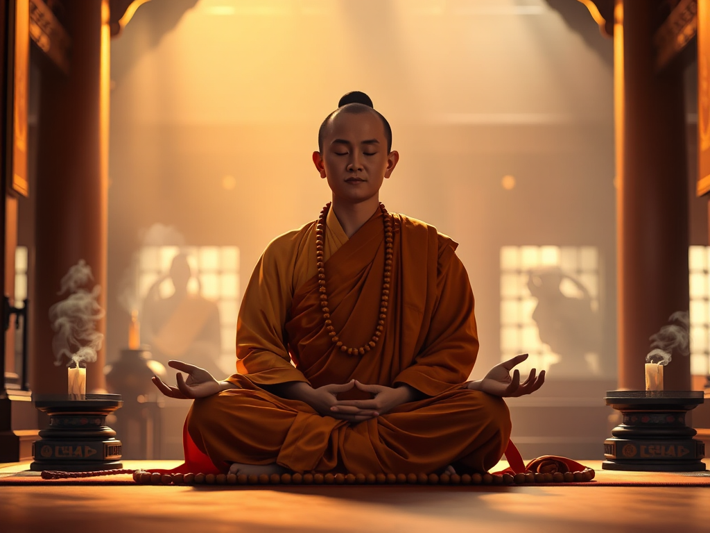 Tăng sĩ thiền định trong tư thế hoa sen, ánh sáng vàng dịu nhẹ chiếu trên tràng hạt, khói hương bay trong không gian chùa thanh tịnh, phong cách nghệ thuật tâm linh Á Đông
