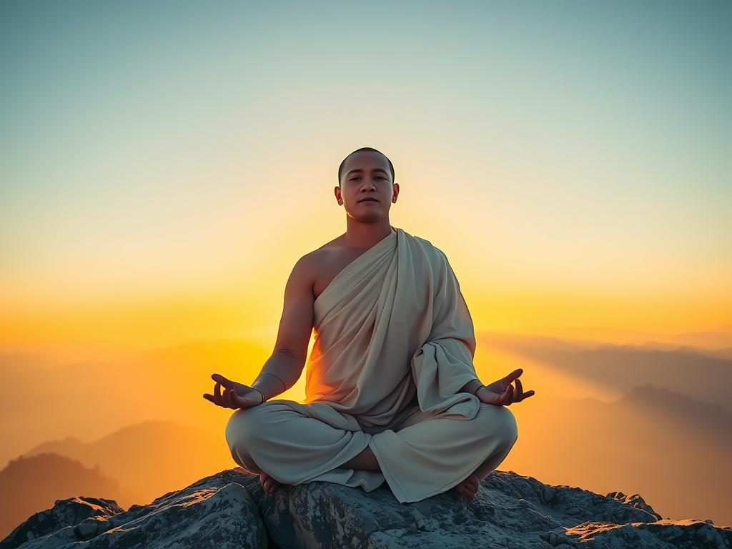 Thiền sư ngồi thiền trên đỉnh núi cao vào lúc bình minh, ánh sáng vàng rực rỡ chiếu xuống khung cảnh yên bình, thể hiện sự giác ngộ tâm linh và thanh tịnh