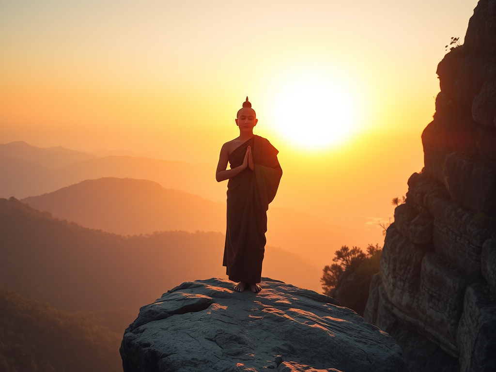 Thiền sư ngồi thiền trên vách núi cao lúc bình minh, cảnh quan thiên nhiên thanh bình, ánh sáng vàng dịu nhẹ tạo không gian tĩnh lặng Thiền sư ngồi thiền trên vách núi cao lúc bình minh, cảnh quan thiên nhiên thanh bình, ánh sáng vàng dịu nhẹ tạo không gian tĩnh lặng
