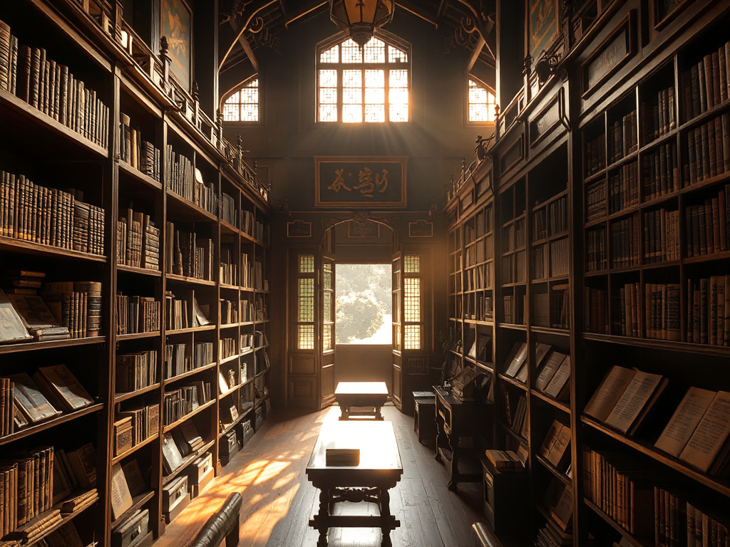 Thư viện chùa ở Bình Dương với kệ gỗ chứa đầy kinh sách cổ, ánh sáng vàng dịu lọc qua cửa sổ, kiến trúc truyền thống Việt Nam tạo không gian thanh tịnh cho việc học Phật pháp