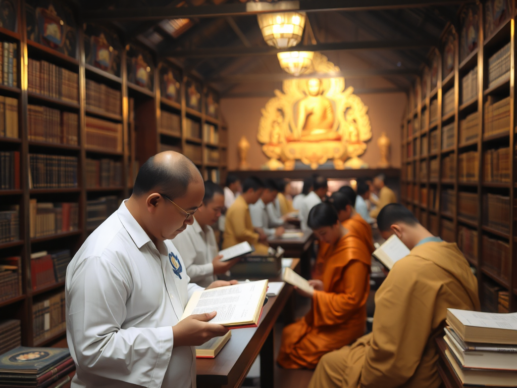 Thư viện chùa tại Bình Dương với tăng ni và phật tử đang nghiên cứu kinh Phật trên giá sách gỗ truyền thống, ánh sáng vàng ấm áp tạo không gian thanh tịnh Thư viện chùa tại Bình Dương với tăng ni và phật tử đang nghiên cứu kinh Phật trên giá sách gỗ truyền thống, ánh sáng vàng ấm áp tạo không gian thanh tịnh