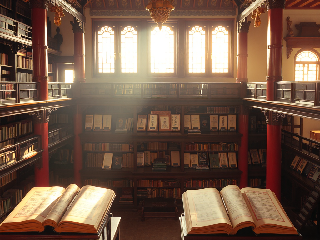 Thư viện chùa với ba tầng kinh Phật được sắp xếp theo độ khó từ dễ đến khó, ánh sáng vàng dịu nhẹ chiếu qua cửa sổ, kiến trúc chùa Việt truyền thống với cột đỏ và hoa văn tinh xảo Thư viện chùa với ba tầng kinh Phật được sắp xếp theo độ khó từ dễ đến khó, ánh sáng vàng dịu nhẹ chiếu qua cửa sổ, kiến trúc chùa Việt truyền thống với cột đỏ và hoa văn tinh xảo