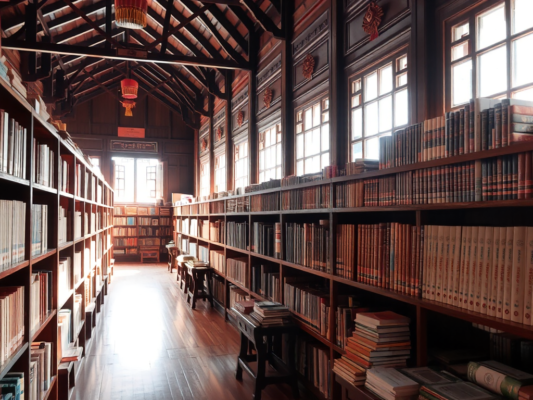 Thư viện kinh sách Phật giáo miễn phí tại chùa ở Bình Dương với nhiều giá sách gỗ chứa kinh điển, ánh sáng tự nhiên dịu nhẹ tạo không gian thanh tịnh