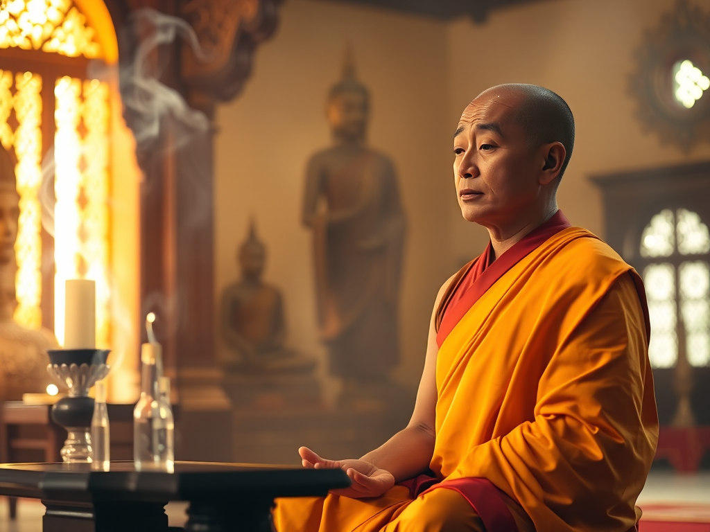 Thượng tọa mặc áo cà sa vàng đang hướng dẫn thiền định trong chùa cổ kính, khói hương nghi ngút tạo không gian thanh tịnh cho việc tụng Kinh Di Giáo