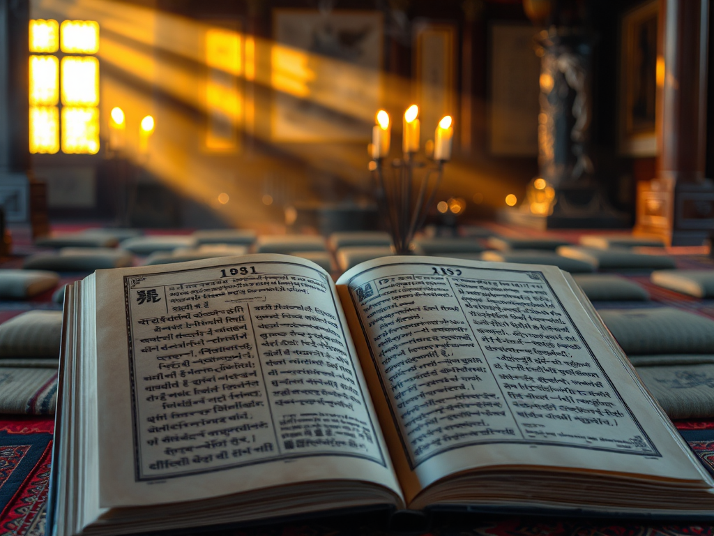 Trang kinh Phật giáo cổ được chiếu sáng bằng ánh sáng vàng dịu, đệm ngồi thiền được sắp xếp trong không gian chùa thanh tịnh với khói hương bay nhẹ nhàng