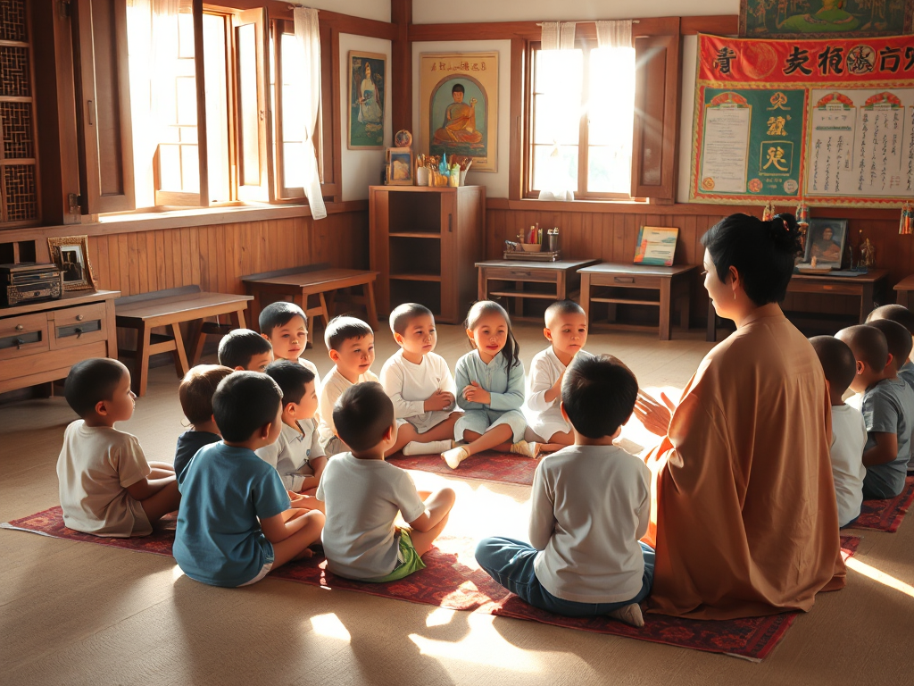 Trẻ em ngồi học kinh Phật trong lớp học truyền thống với ánh sáng tự nhiên, giáo viên đang kể chuyện Phật giáo đơn giản, không gian ấm cúng với đồ nội thất gỗ và trang trí nhiều màu sắc