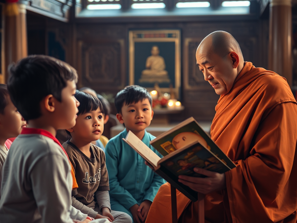 Trẻ em ngồi nghe sư thầy kể chuyện kinh điển Phật giáo trong chùa, ánh sáng dịu nhẹ tạo không khí trang nghiêm và ấm áp