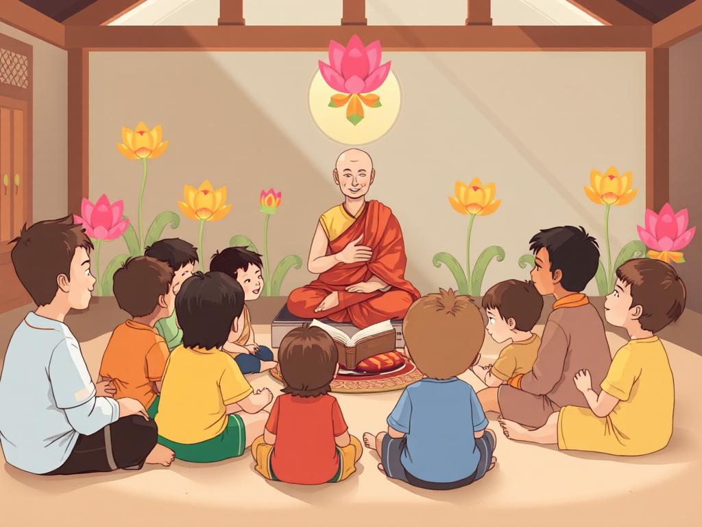 Trẻ em ngồi vòng tròn lắng nghe sư kể chuyện Phật giáo, trang trí hoa sen đầy màu sắc, ánh sáng tự nhiên dịu nhẹ, không gian ấm áp và thanh bình, phù hợp với trẻ nhỏ