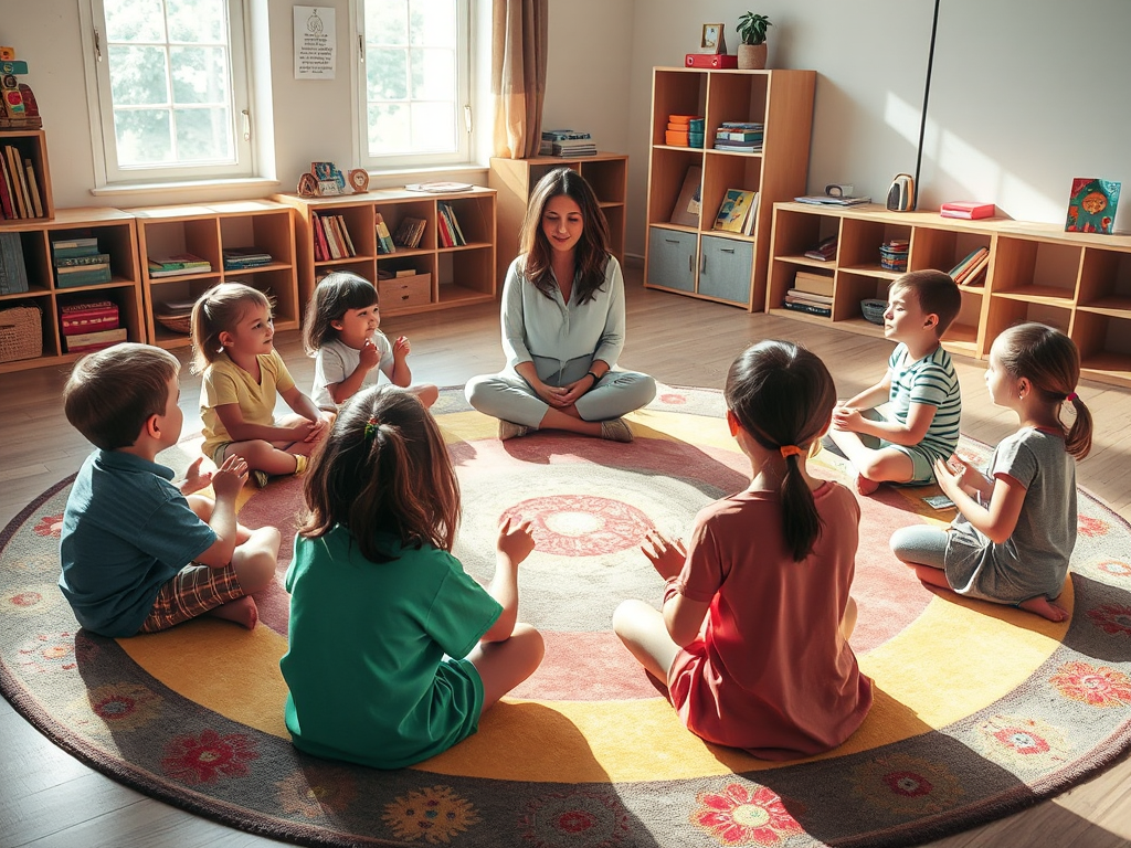 Trẻ em ngồi vòng tròn trên thảm lớp học màu sắc tươi sáng, thực hành bài tập thở chánh niệm cùng giáo viên, ánh sáng tự nhiên dịu nhẹ chiếu qua cửa sổ