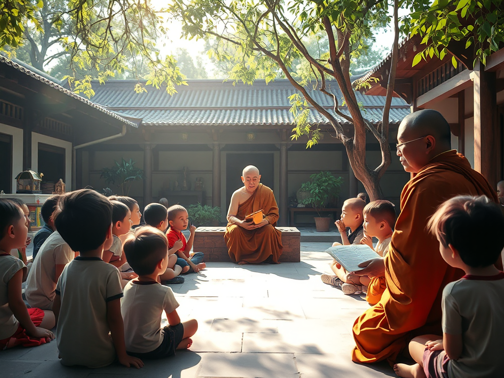 Trẻ em ngồi xung quanh nhà sư trong sân chùa yên bình, lắng nghe những câu chuyện Phật giáo, ánh nắng dịu nhẹ qua tán cây, không khí thanh thản, giáo dục đạo đức truyền thống