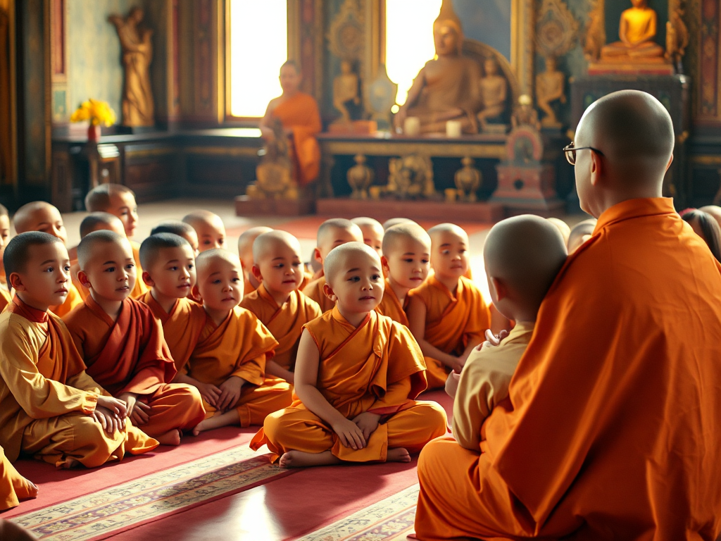 Trẻ em Phật tử ngồi thiền nghe sư thầy kể chuyện Phật giáo trong chùa ở Bình Dương, ánh sáng vàng ấm áp, không gian thanh tịnh trang nghiêm