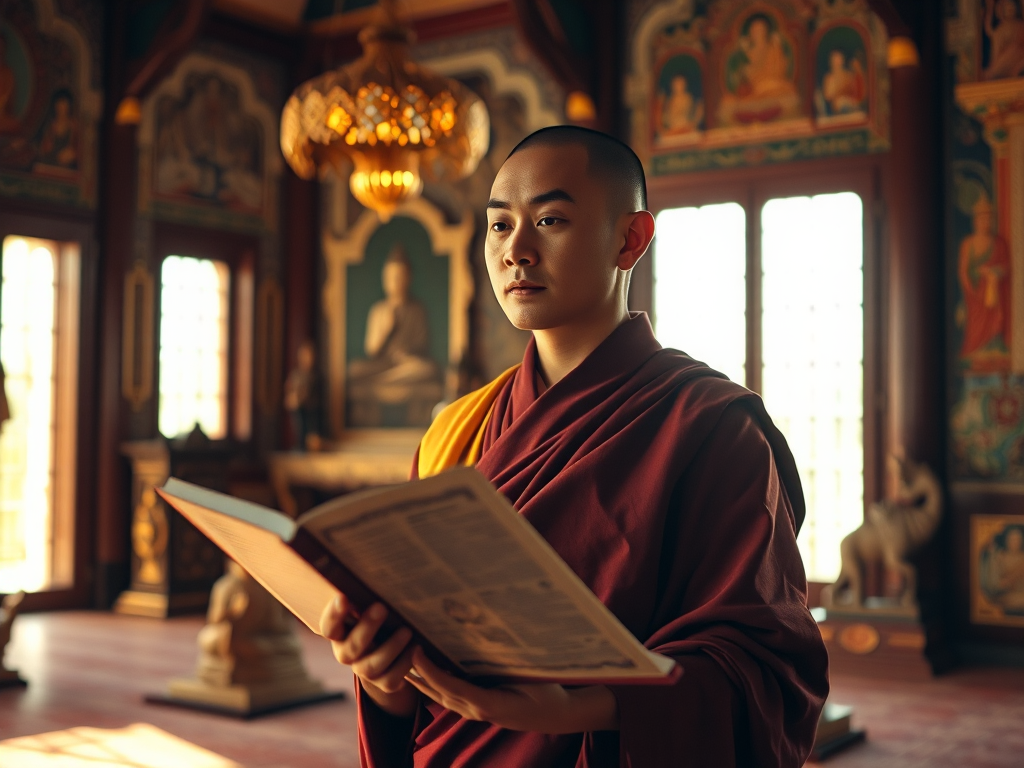 Tu sĩ Phật giáo đang đọc kinh Nhật Tụng trong chánh điện chùa, ánh sáng vàng dịu từ cửa sổ, không gian thanh tịnh với tranh tượng trang trí cổ kính