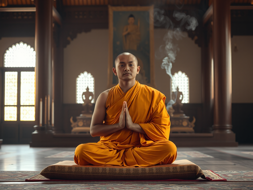 Tu sĩ Phật giáo mặc áo cà sa ngồi thiền trên đệm, hai tay chấp lại trước ngực trong không gian chùa thanh tịnh với ánh sáng vàng dịu và khói hương bay lên