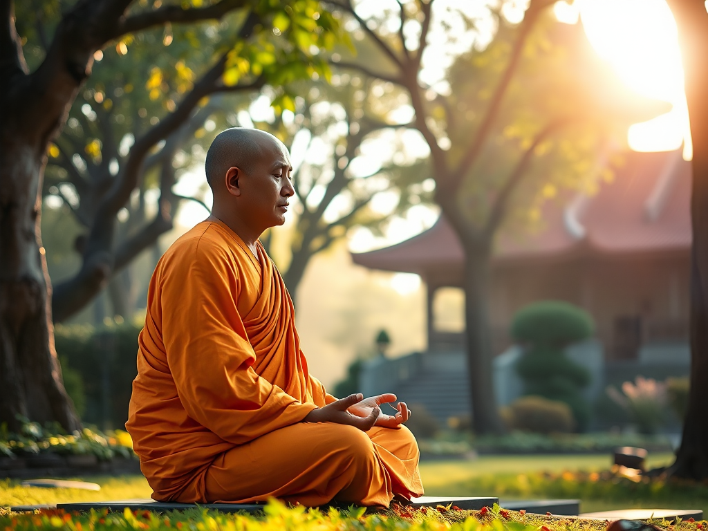 Tu sĩ Phật giáo mặc áo cà sa ngồi thiền trong khuôn viên chùa thanh tịnh, ánh nắng vàng dịu nhẹ xuyên qua tán cây, tạo nên không gian tâm linh yên bình Tu sĩ Phật giáo mặc áo cà sa ngồi thiền trong khuôn viên chùa thanh tịnh, ánh nắng vàng dịu nhẹ xuyên qua tán cây, tạo nên không gian tâm linh yên bình