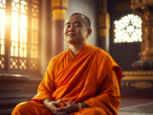 Tu sĩ Phật giáo mặc áo cà sa vàng ngồi thiền định trong chùa, ánh sáng vàng dịu nhẹ chiếu qua cửa sổ, tạo không gian thanh tịnh trang nghiêm.
