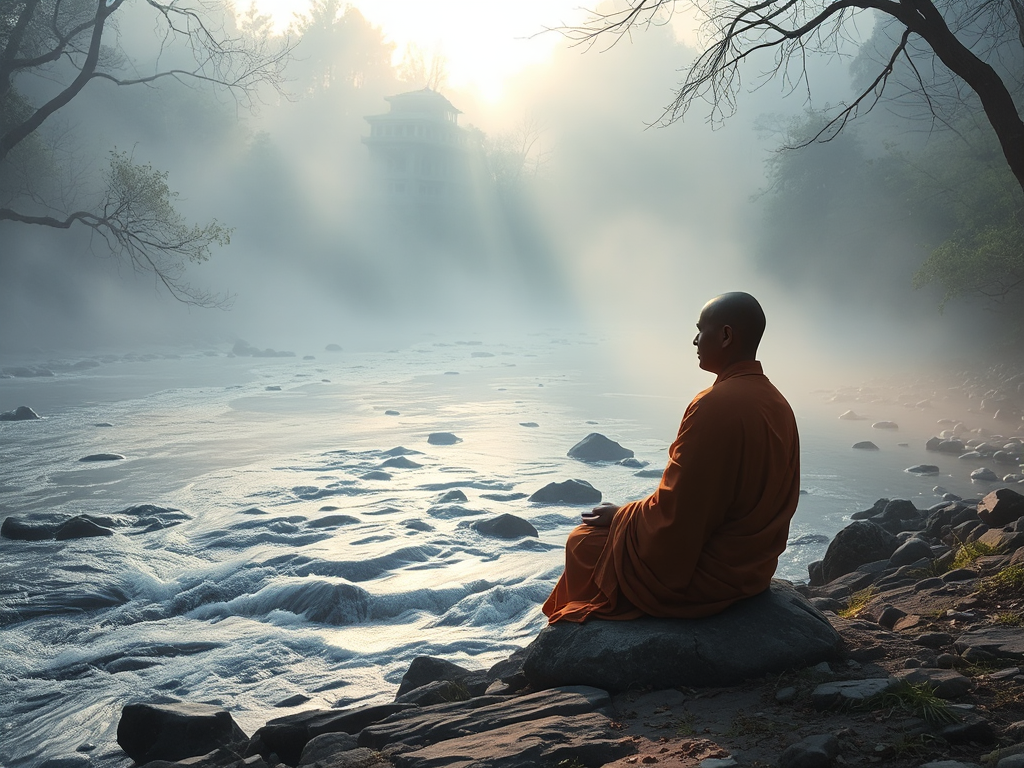 Tu sĩ Phật giáo ngồi thiền bên dòng sông vào lúc bình minh, sương mù bốc lên từ mặt nước, ánh sáng huyền ảo xuyên qua tán cây tạo nên không gian thanh tịnh
