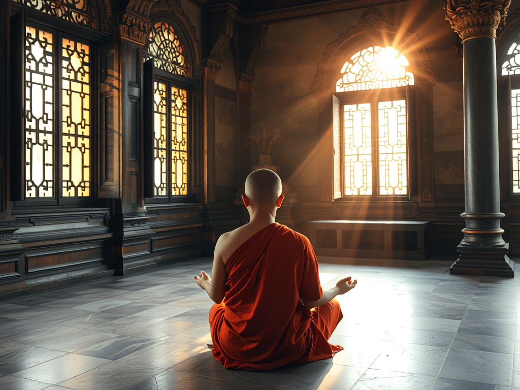 Tu sĩ Phật giáo ngồi thiền tĩnh tại trong chùa cổ, ánh sáng vàng dịu nhẹ chiếu qua cửa sổ chạm trổ, kiến trúc truyền thống Việt Nam, không gian thanh tịnh tâm linh