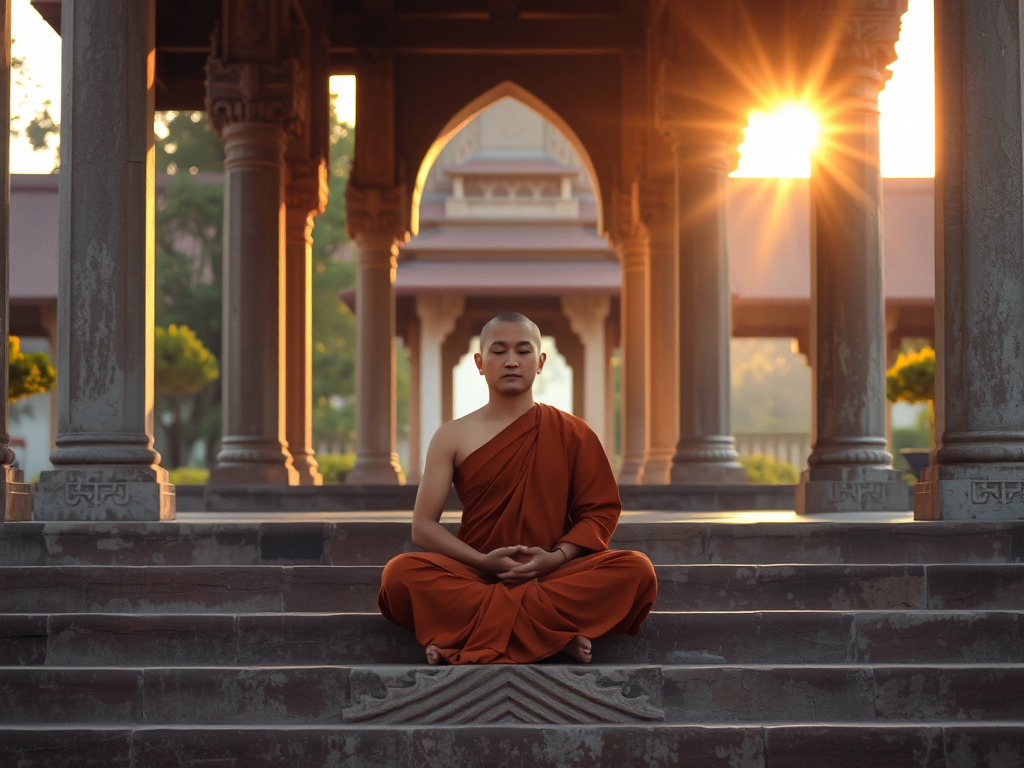 Tu sĩ Phật giáo ngồi thiền trên bậc thang đá cổ trong khuôn viên chùa thanh tịnh, ánh sáng vàng dịu nhẹ qua vòm cổng, tạo nên không gian thiền định yên bình Tu sĩ Phật giáo ngồi thiền trên bậc thang đá cổ trong khuôn viên chùa thanh tịnh, ánh sáng vàng dịu nhẹ qua vòm cổng, tạo nên không gian thiền định yên bình