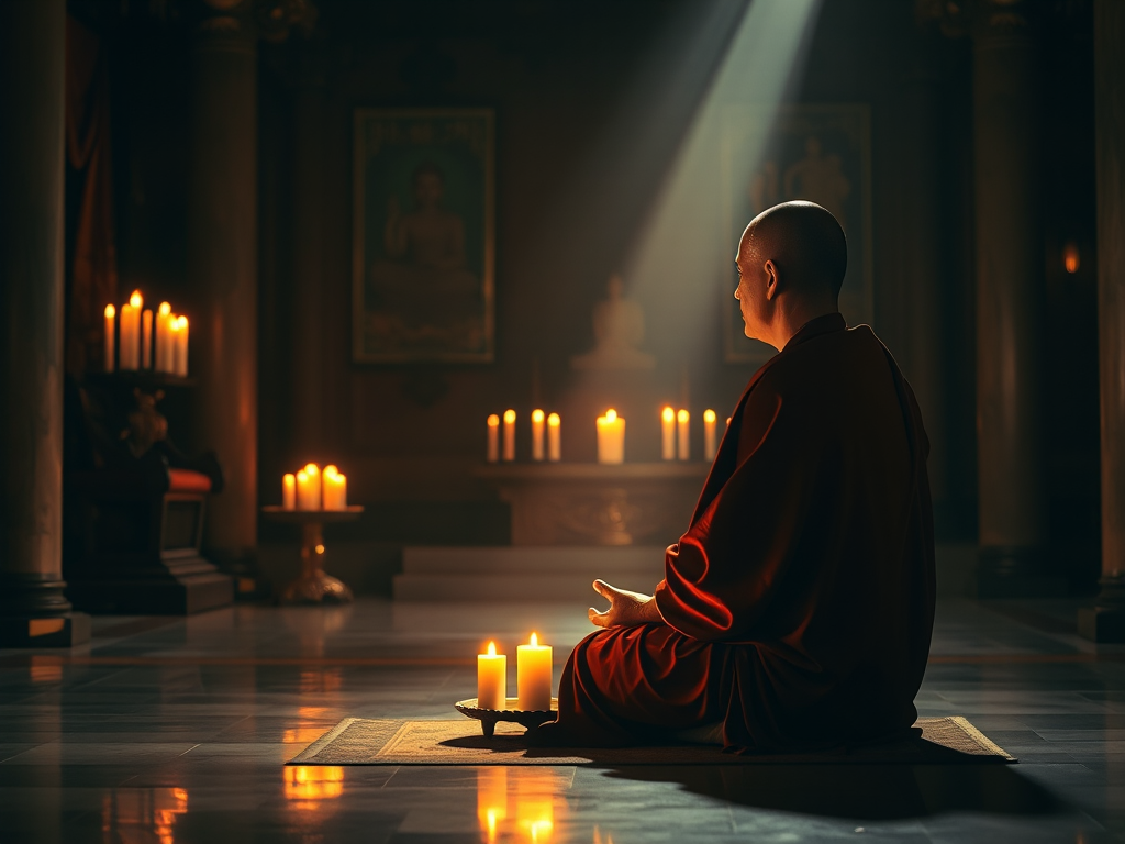 Tu sĩ Phật giáo ngồi thiền trên hoa sen trong chùa cổ, ánh sáng nến vàng dịu tạo không gian thanh tịnh, tôn vinh kinh Quan Âm Cứu Khổ Tu sĩ Phật giáo ngồi thiền trên hoa sen trong chùa cổ, ánh sáng nến vàng dịu tạo không gian thanh tịnh, tôn vinh kinh Quan Âm Cứu Khổ