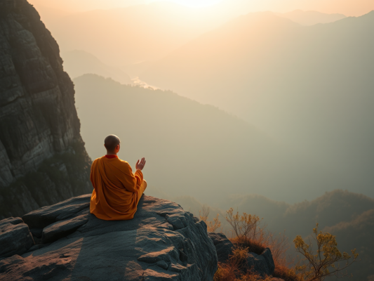 Tu sĩ Phật giáo ngồi thiền trên vách núi vào bình minh, ánh sáng vàng dịu nhẹ, khung cảnh thiên nhiên thanh bình thể hiện tinh thần Kinh Duy Ma Cật