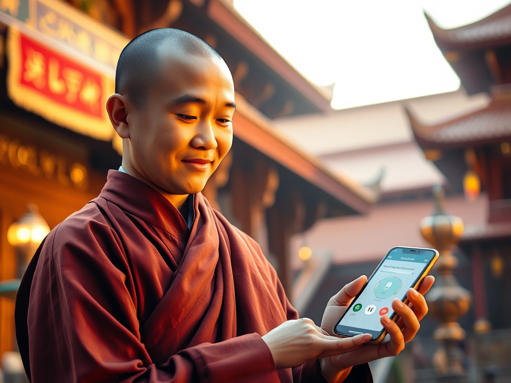Tu sĩ Phật giáo ngồi thiền trong chùa, sử dụng điện thoại thông minh nghe kinh Phật audio miễn phí, ánh sáng vàng ấm áp, kết hợp truyền thống tâm linh và công nghệ hiện đại