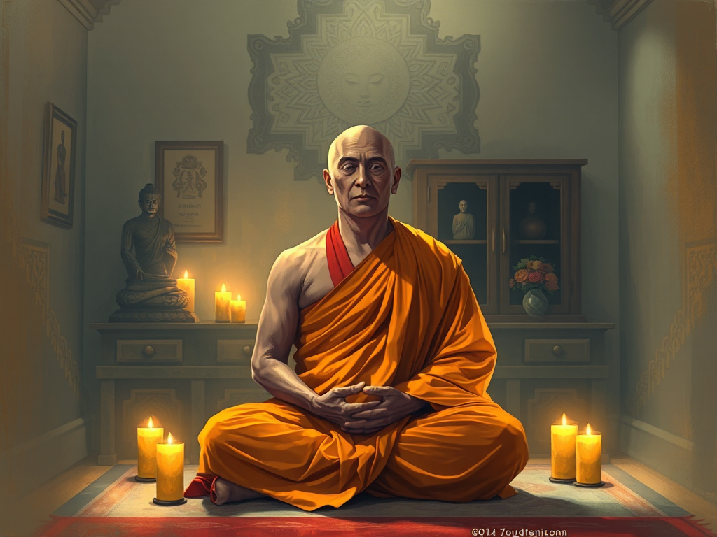 Tu sĩ Phật giáo ngồi thiền trong phòng thờ tại gia thanh tịnh, ánh nến dịu nhẹ tỏa sáng không gian linh thiêng, thể hiện sự tôn nghiêm khi tụng kinh tại nhà Tu sĩ Phật giáo ngồi thiền trong phòng thờ tại gia thanh tịnh, ánh nến dịu nhẹ tỏa sáng không gian linh thiêng, thể hiện sự tôn nghiêm khi tụng kinh tại nhà