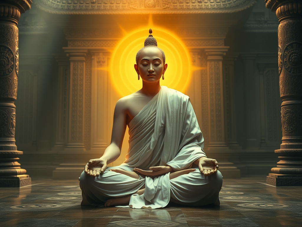 Tu sĩ Phật giáo ngồi thiền trong tư thế hoa sen, ánh sáng vàng rực rỡ tỏa ra từ cơ thể, cảnh chùa cổ kính với hoa văn tinh xảo, tạo cảm giác thanh tịnh và linh thiêng. Tu sĩ Phật giáo ngồi thiền trong tư thế hoa sen, ánh sáng vàng rực rỡ tỏa ra từ cơ thể, cảnh chùa cổ kính với hoa văn tinh xảo, tạo cảm giác thanh tịnh và linh thiêng.