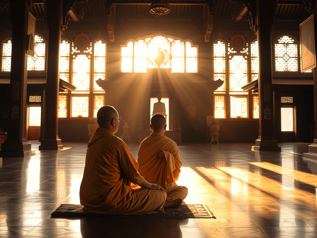 Tu sĩ Phật giáo ngồi thiền trong tư thế hoa sen tại chùa Việt Nam, ánh sáng vàng dịu nhẹ từ cửa sổ, không gian thanh tịnh và kiến trúc truyền thống Tu sĩ Phật giáo ngồi thiền trong tư thế hoa sen tại chùa Việt Nam, ánh sáng vàng dịu nhẹ từ cửa sổ, không gian thanh tịnh và kiến trúc truyền thống