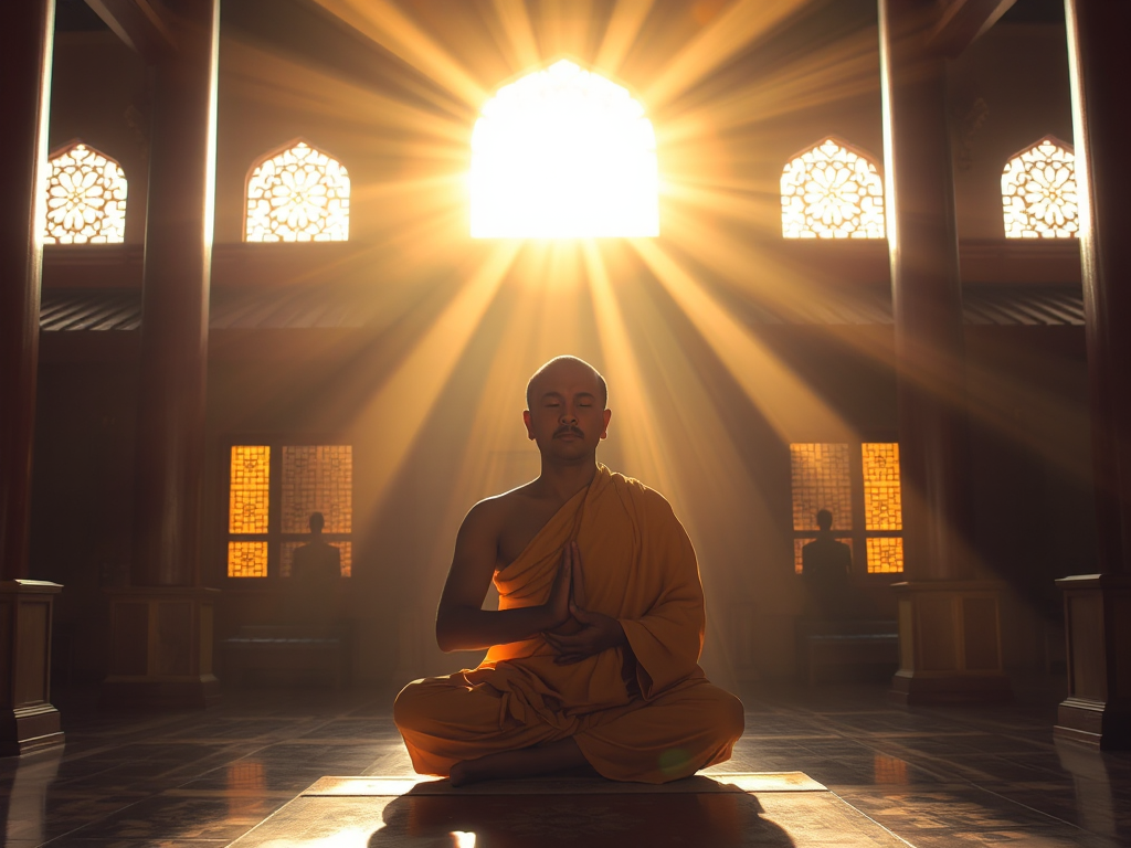Tu sĩ Phật giáo ngồi thiền trong tư thế hoa sen tại chùa Việt Nam, ánh sáng vàng rực rỡ chiếu qua cửa sổ, không gian tâm linh thanh tịnh Tu sĩ Phật giáo ngồi thiền trong tư thế hoa sen tại chùa Việt Nam, ánh sáng vàng rực rỡ chiếu qua cửa sổ, không gian tâm linh thanh tịnh