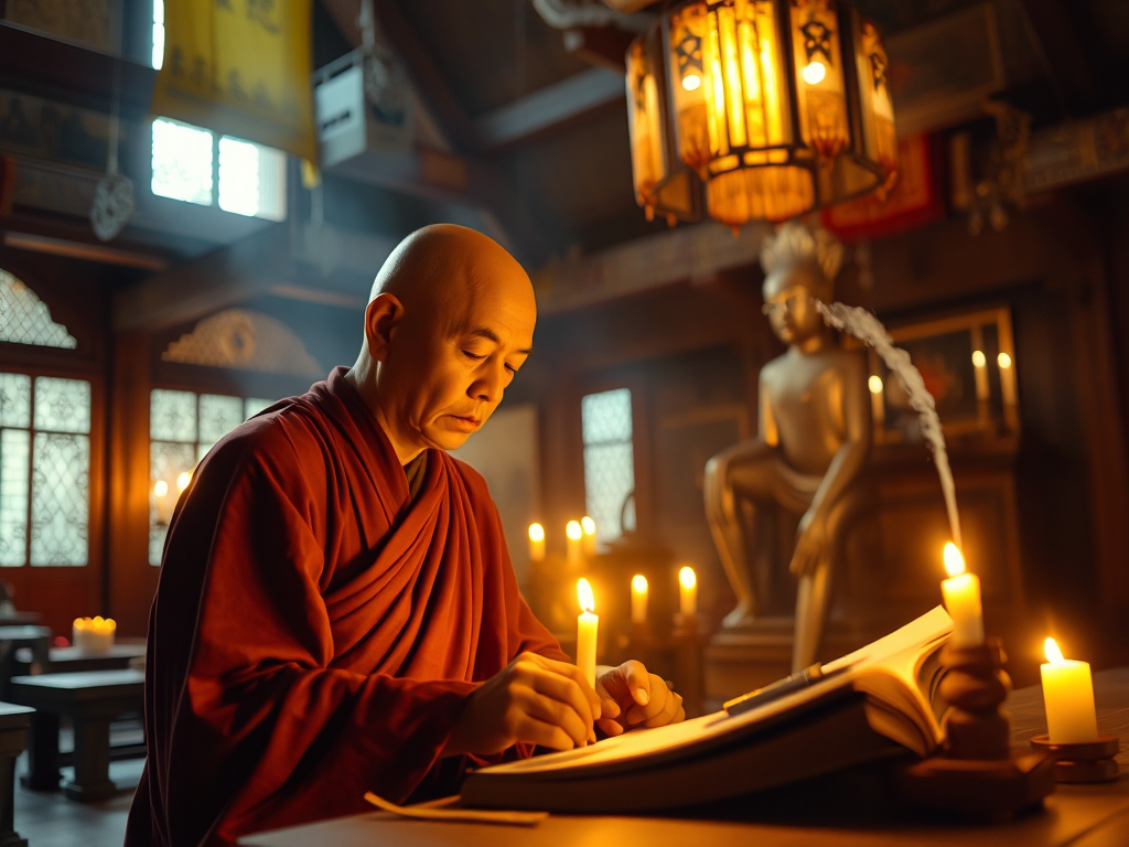 Tu sĩ Phật giáo ngồi viết kinh thư dưới ánh nến trong chùa cổ kính, khói hương nghi ngút tạo không gian thanh tịnh và trang nghiêm