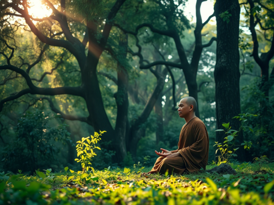 Tu sĩ Phật giáo thiền định trong rừng xanh tươi tốt, ánh sáng mặt trời xuyên qua tán cây cổ thụ, không gian thiên nhiên thanh bình, thể hiện sự hòa hợp giữa Phật giáo và môi trường tự nhiên