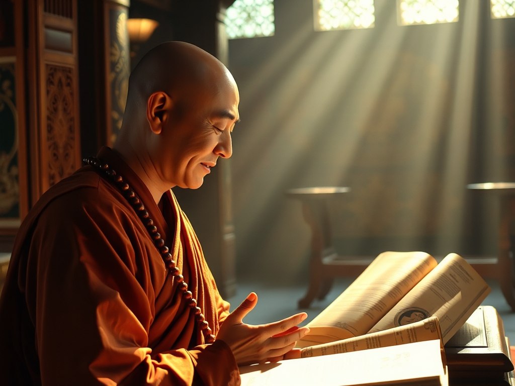 Tu sĩ Phật giáo trì tụng chú ngữ trong chùa cổ kính, ánh sáng vàng dịu tỏa trên chuỗi hạt và kinh điển thiêng liêng Tu sĩ Phật giáo trì tụng chú ngữ trong chùa cổ kính, ánh sáng vàng dịu tỏa trên chuỗi hạt và kinh điển thiêng liêng