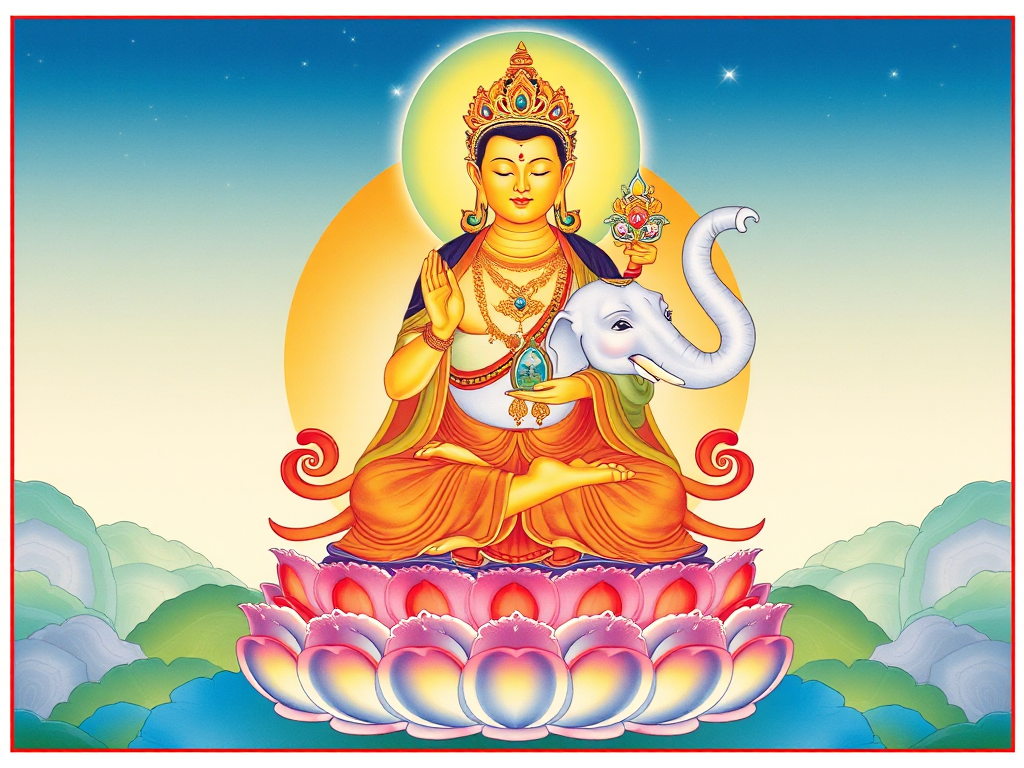 Tượng Bồ Tát Phổ Hiền ngồi thiền trên đài sen, tay cầm bảo châu, cưỡi voi sáu ngà trắng, toát lên vẻ từ bi và trí tuệ trong nghệ thuật Phật giáo truyền thống Tượng Bồ Tát Phổ Hiền ngồi thiền trên đài sen, tay cầm bảo châu, cưỡi voi sáu ngà trắng, toát lên vẻ từ bi và trí tuệ trong nghệ thuật Phật giáo truyền thống