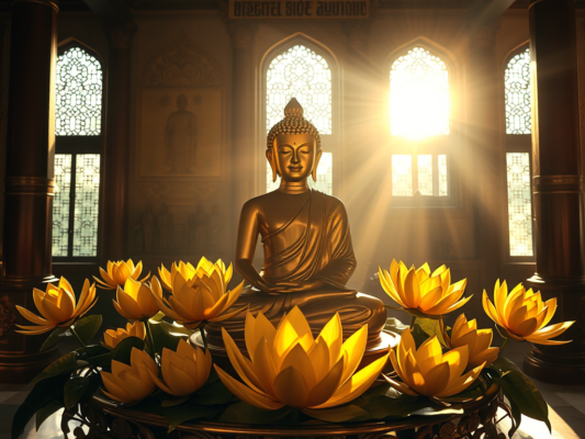 Tượng Phật bằng đá ngồi thiền giữa những bông sen vàng trong chùa cổ, ánh sáng buổi sáng dịu nhẹ tạo không gian thanh tịnh, thể hiện sự bình an và tâm linh trong đạo Phật
