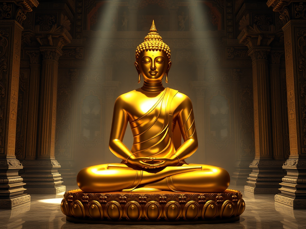 Tượng Phật bằng vàng ngồi thiền trong không gian chùa cổ kính, ánh sáng dịu nhẹ tôn lên vẻ thanh tịnh, thể hiện tinh thần Kinh Phật Tự Thuyết về Pháp Thân. Tượng Phật bằng vàng ngồi thiền trong không gian chùa cổ kính, ánh sáng dịu nhẹ tôn lên vẻ thanh tịnh, thể hiện tinh thần Kinh Phật Tự Thuyết về Pháp Thân.