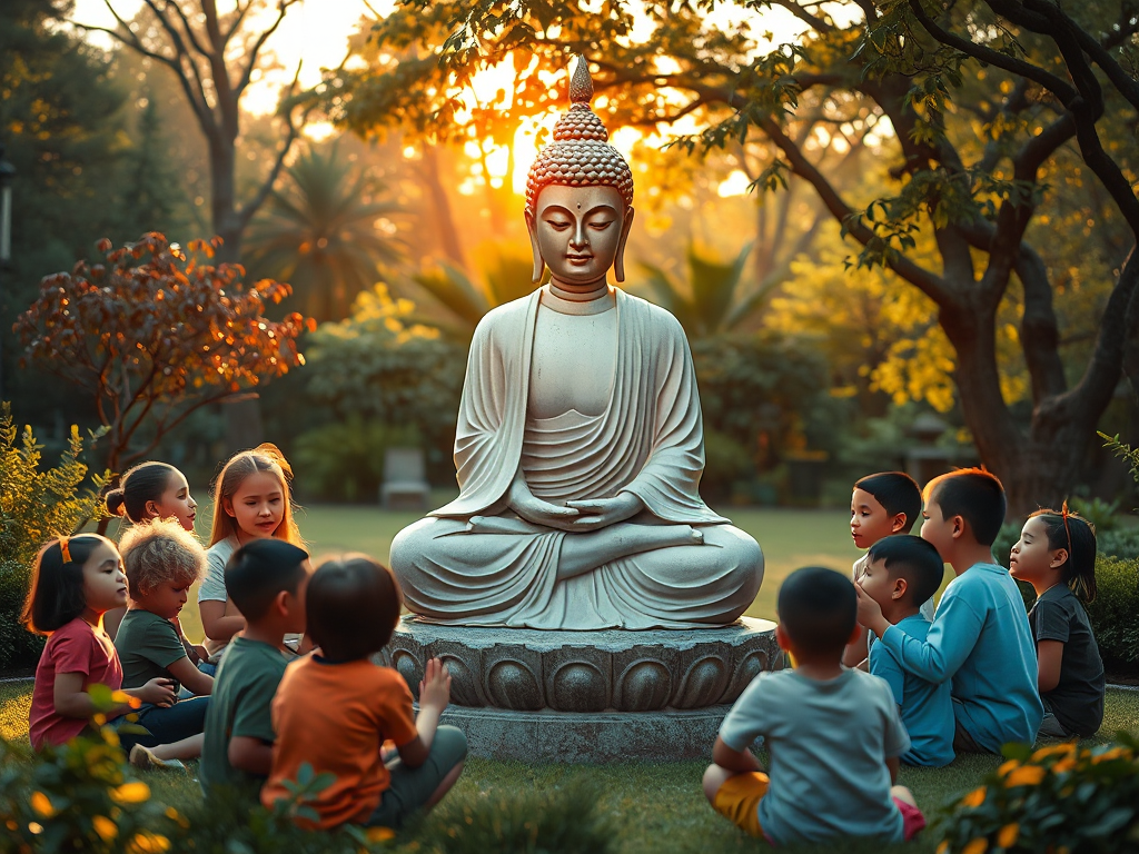 Tượng Phật ngồi thanh tịnh giữa các em nhỏ đang học đạo, không gian vườn thiền yên bình, ánh sáng vàng dịu nhẹ tạo cảm giác an lạc và thanh thản