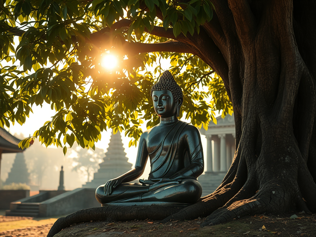 Tượng Phật ngồi thiền dưới gốc cây Bồ Đề với ánh sáng vàng dịu nhẹ, khung cảnh chùa cổ yên bình, tượng trưng cho Kinh Tứ Thập Nhị Chương và lời Phật dạy Tượng Phật ngồi thiền dưới gốc cây Bồ Đề với ánh sáng vàng dịu nhẹ, khung cảnh chùa cổ yên bình, tượng trưng cho Kinh Tứ Thập Nhị Chương và lời Phật dạy