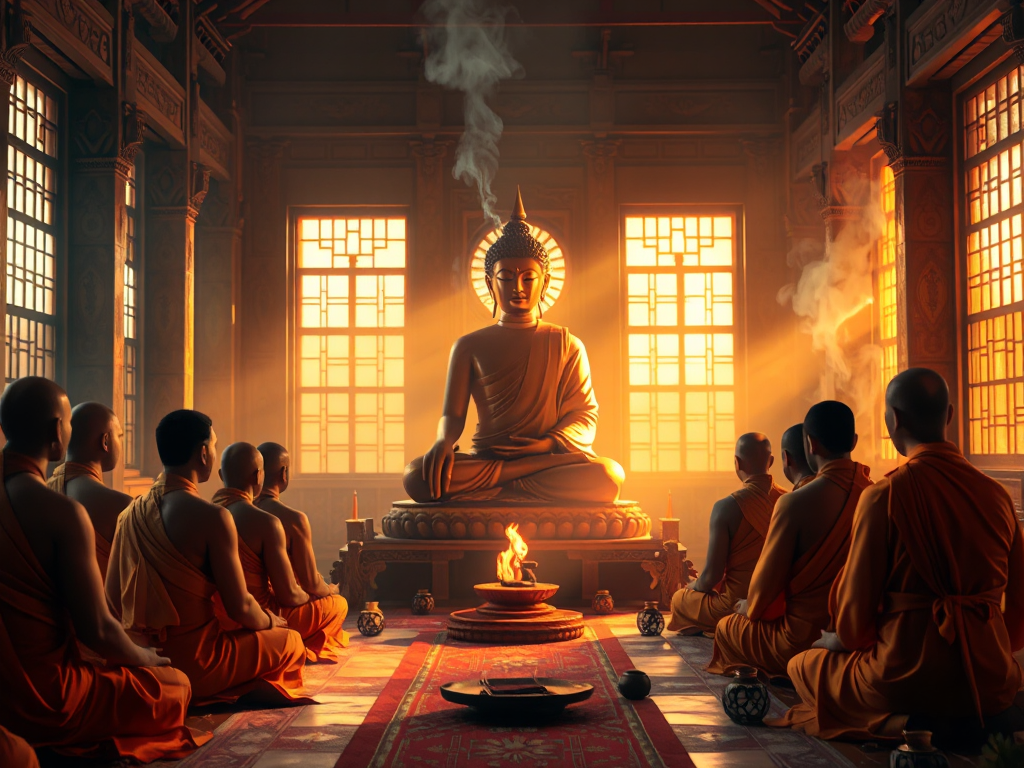 Tượng Phật ngồi thiền giữa các nhà sư trong chùa cổ kính, khói hương bay nghi ngút, ánh sáng vàng dịu nhẹ tạo không gian thanh tịnh theo tinh thần Kinh Di Giáo