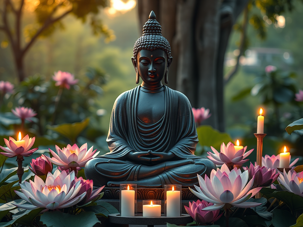 Tượng Phật ngồi thiền giữa hoa sen và nến thắp sáng trong khu vườn chùa thanh tịnh, ánh sáng vàng dịu nhẹ tạo không gian an lành