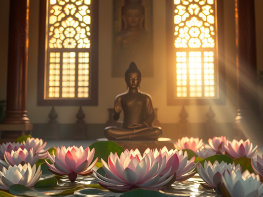 Tượng Phật ngồi thiền giữa hoa sen vàng dưới ánh sáng dịu nhẹ trong chùa cổ, thể hiện không gian thanh tịnh và thiêng liêng của Kinh Hạnh Phúc