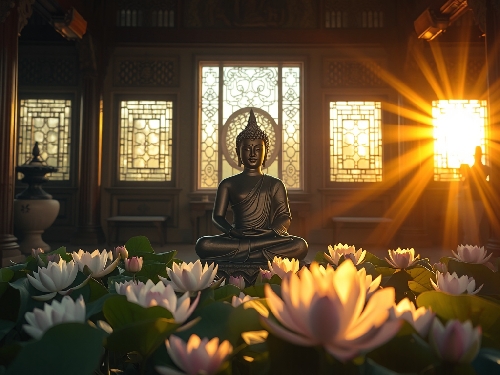 Tượng Phật ngồi thiền giữa những bông sen trong chùa cổ, ánh sáng vàng dịu nhẹ chiếu qua cửa sổ, tạo không gian thanh tịnh và trang nghiêm