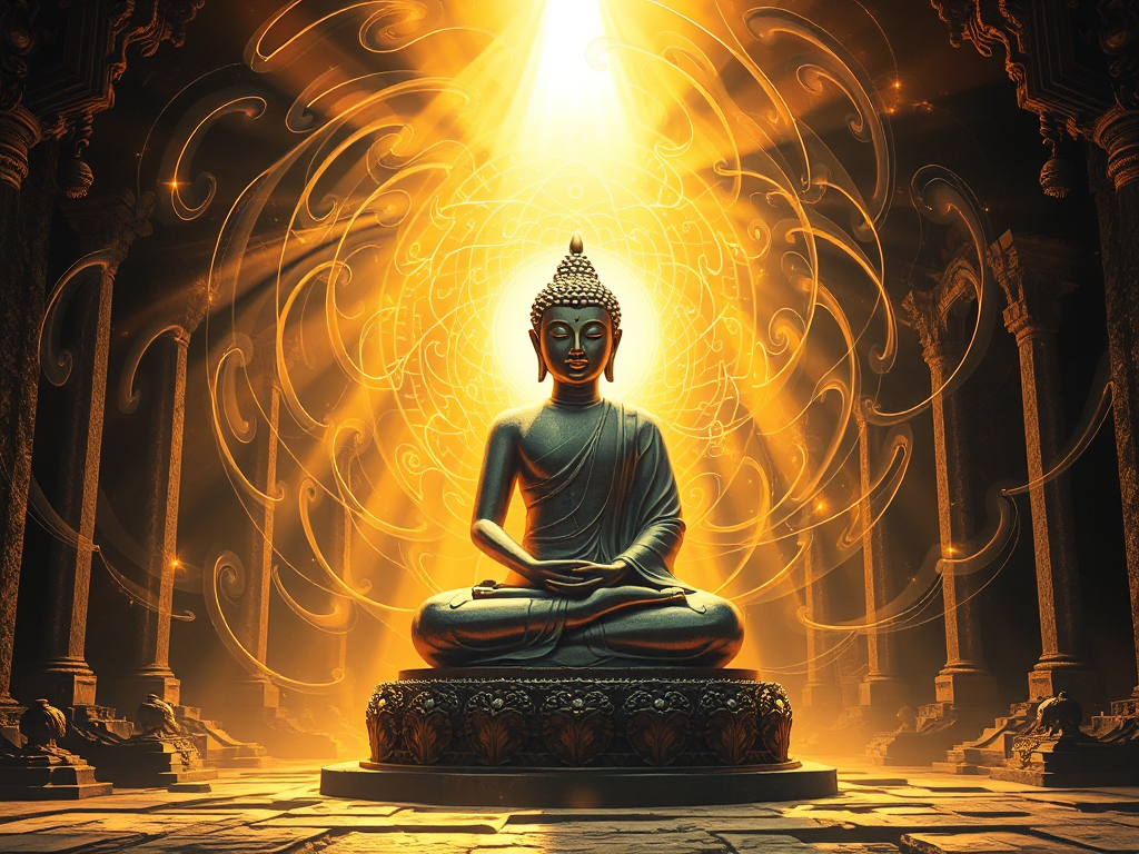 Tượng Phật ngồi thiền giữa những luồng năng lượng nghiệp quả xoáy tròn, ánh sáng vàng rực chiếu sáng đền cổ đổ nát trong không gian tâm linh huyền bí
