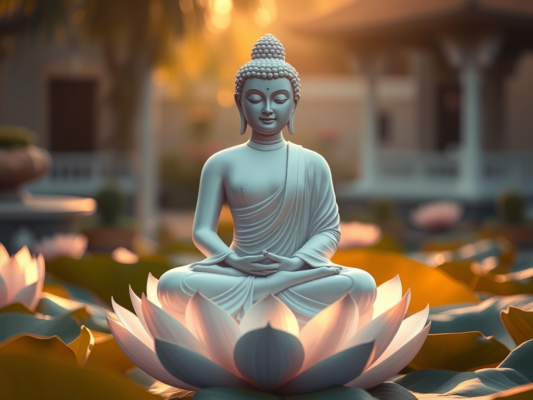 Tượng Phật ngồi thiền trên hoa sen với ánh sáng vàng dịu, khung cảnh chùa thanh tịnh thể hiện tinh thần Kinh Phật về tham sân si