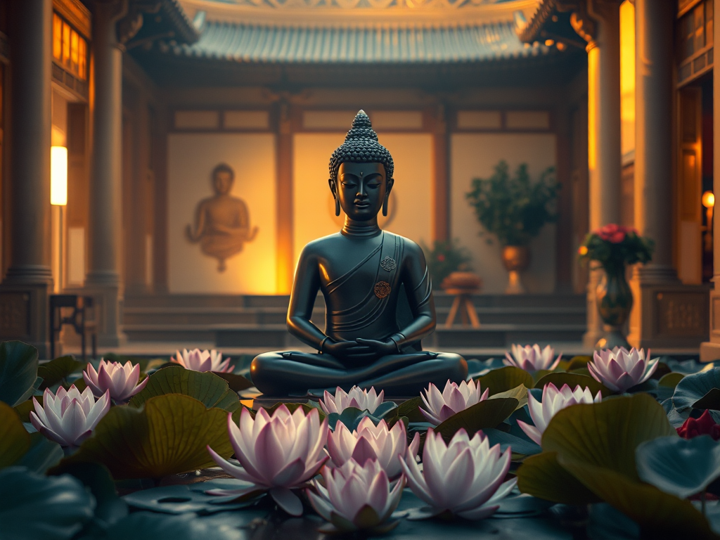 Tượng Phật ngồi thiền trong không gian thanh tịnh, hoa sen nở xung quanh, ánh sáng vàng dịu nhẹ tạo cảm giác an lạc, phù hợp với chủ đề Kinh Phật audio miễn phí