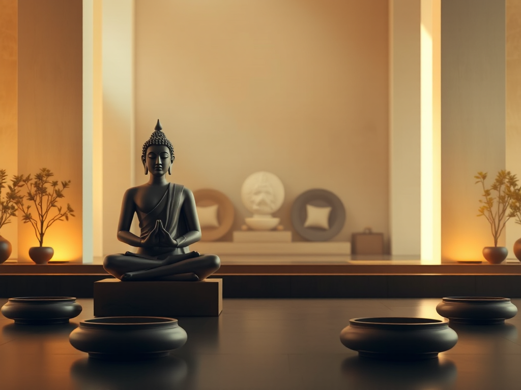 Tượng Phật ngồi thiền trong tư thế hoa sen, ánh sáng vàng dịu nhẹ, không gian chùa thanh tịnh, thiết kế tối giản Tượng Phật ngồi thiền trong tư thế hoa sen, ánh sáng vàng dịu nhẹ, không gian chùa thanh tịnh, thiết kế tối giản