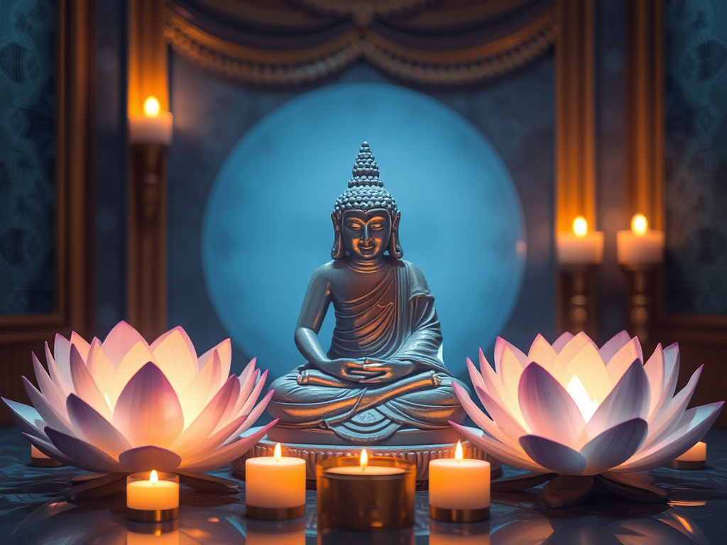 Tượng Phật thanh tịnh giữa những bông hoa sen phát sáng nhẹ nhàng, không gian thiền định yên bình với ánh nến lung linh, tông màu xanh dịu mát và vàng trang nhã tạo cảm giác an lạc tâm hồn Tượng Phật thanh tịnh giữa những bông hoa sen phát sáng nhẹ nhàng, không gian thiền định yên bình với ánh nến lung linh, tông màu xanh dịu mát và vàng trang nhã tạo cảm giác an lạc tâm hồn