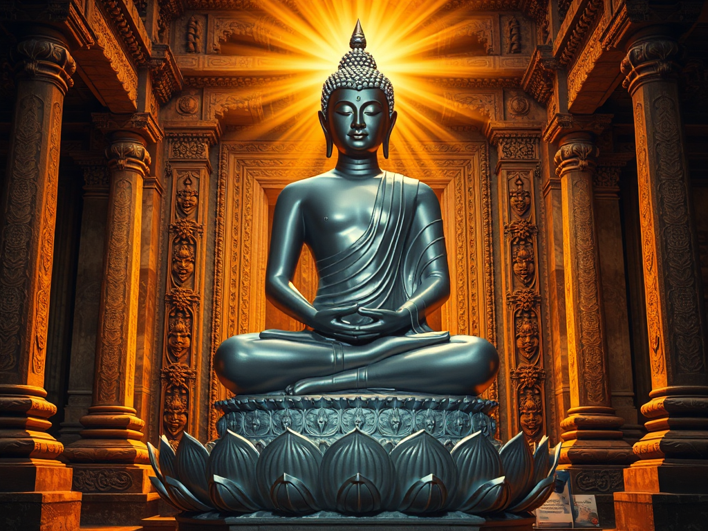 Tượng Phật Thích Ca Mâu Ni ngồi thiền trên đài sen, ánh sáng vàng rực rỡ toát ra từ thân tượng, khung cảnh chùa cổ kính với hoa văn chạm khắc tinh xảo, không gian thanh tịnh tâm linh. Tượng Phật Thích Ca Mâu Ni ngồi thiền trên đài sen, ánh sáng vàng rực rỡ toát ra từ thân tượng, khung cảnh chùa cổ kính với hoa văn chạm khắc tinh xảo, không gian thanh tịnh tâm linh.